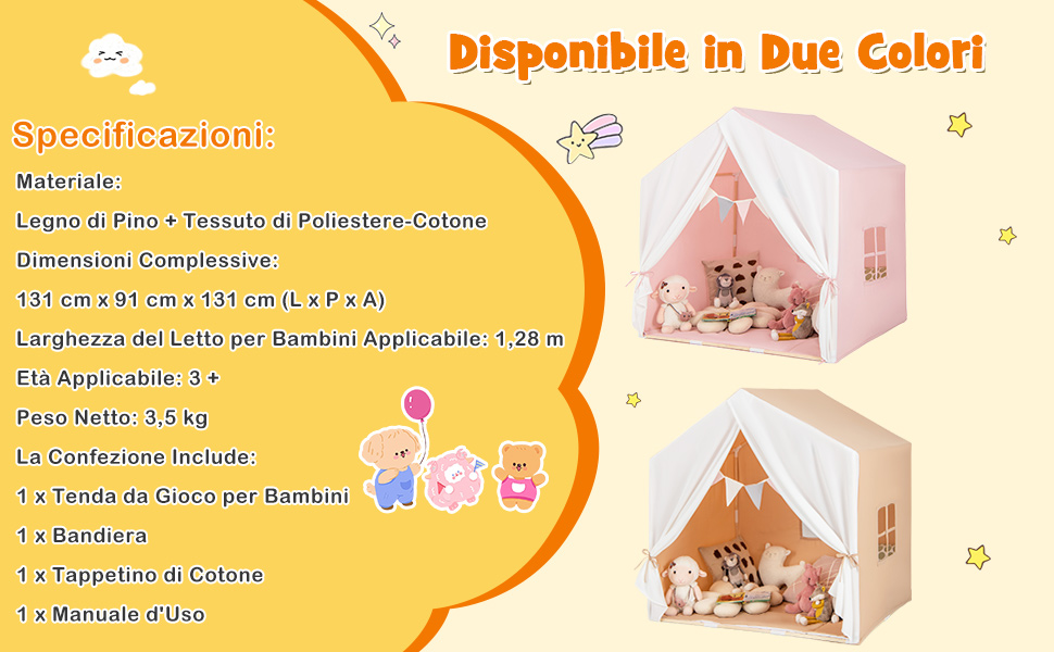 Specifiche del prodotto per una tenda da gioco per bambini che mostrano dimensioni, materiali (legno di pino e poliestere) e colori disponibili nelle varianti rosa e marrone.