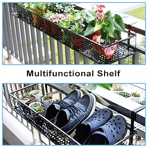 QUMENEY Hanging Railing Planter with Hooks, Iron Hanging Planter Holder,  Balcony Plant Holder Railing Shelf Fence Hanging Flower Bucket for Outdoor 