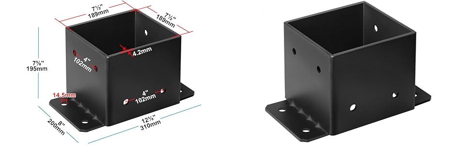 8x8" Post Base, Fence Post Base Anchor Bracket Deck Supports Porch Railing Pergola Post Holders