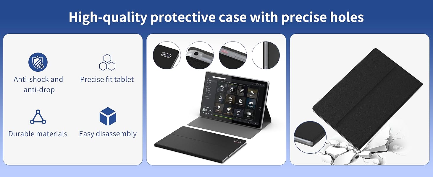 Tablet case product features displayed in panels showing protective design, stand functionality, and precise cutouts.