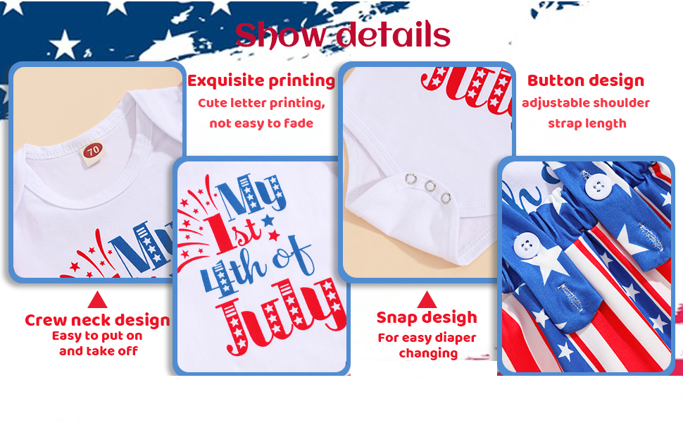My 1st 4th of July Outfit Baby Girl Short Sleeve Romper Suspender Skirts with Headband
