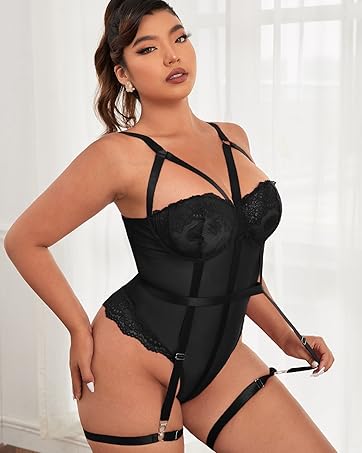 Women's Plus Size Ring Linked Cut Out Sheer Mesh Teddy Bodysuit Garter Lingerie Set