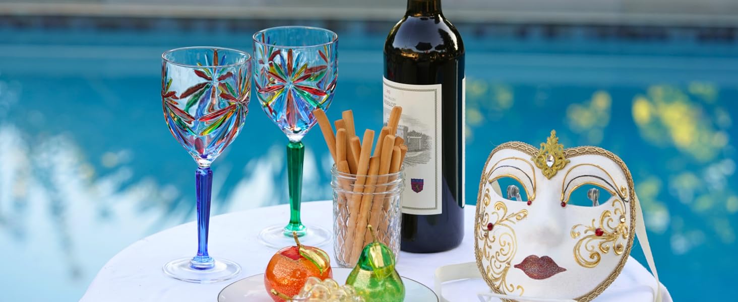 handpainted italian crystal wine glasses, champagne glasses, short glasses, on a table setting