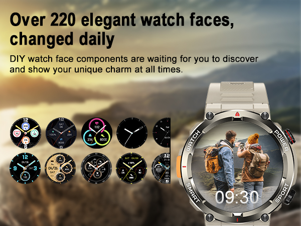 Text reads 'Over 220 elegant watch faces, changed daily'. Display of multiple digital watch face designs showing various styles and complications.