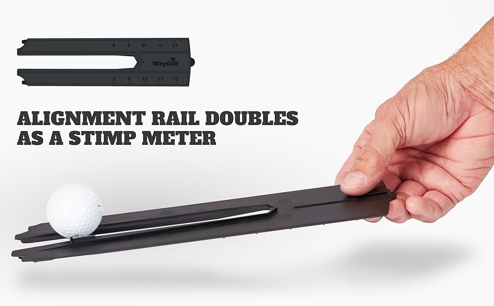 Alignment rail doubles as a stimp meter.