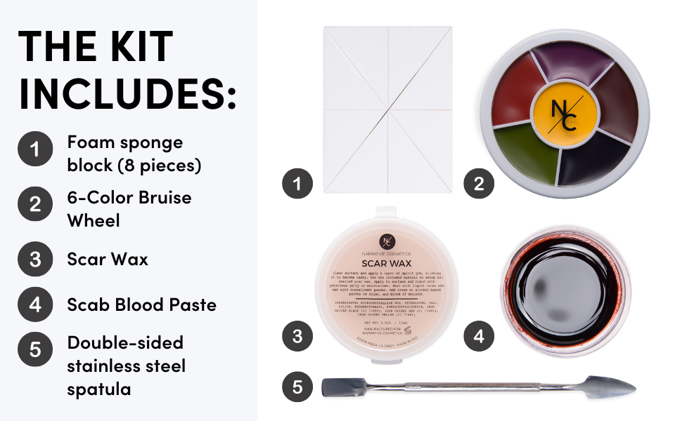 special effects kit contents, sponge block, bruise wheel, scar wax, scab blood paste, spatula