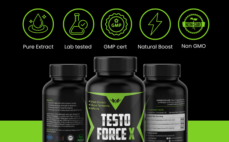 Text reads 'TESTO FORCE X' with black supplement bottles displayed against dark background. Features five green circular icons showing product benefits.