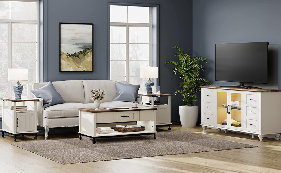 WAMPAT 3 Pieces Living Room Table Sets,1 Farmhouse TV Stand