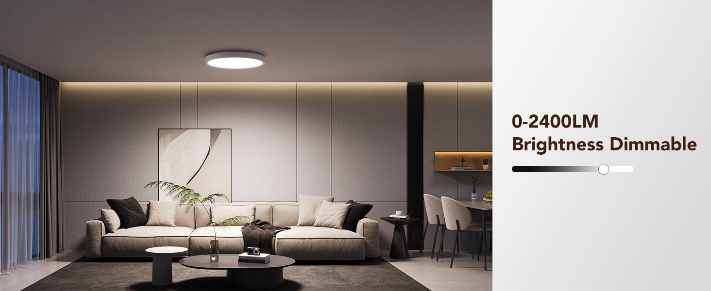 Modern living room with dimmable ceiling light. Sofa, coffee table, and wall art visible. Text indicates 0-2400LM brightness range.