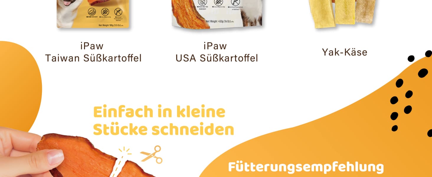 Verpackung für Hundeleckerlis mit Süßkartoffelsorten aus Taiwan und den USA sowie Yak-Käse. Anleitung auf Deutsch zum Schneiden in kleine Stücke. Orangefarbene grafische Elemente.