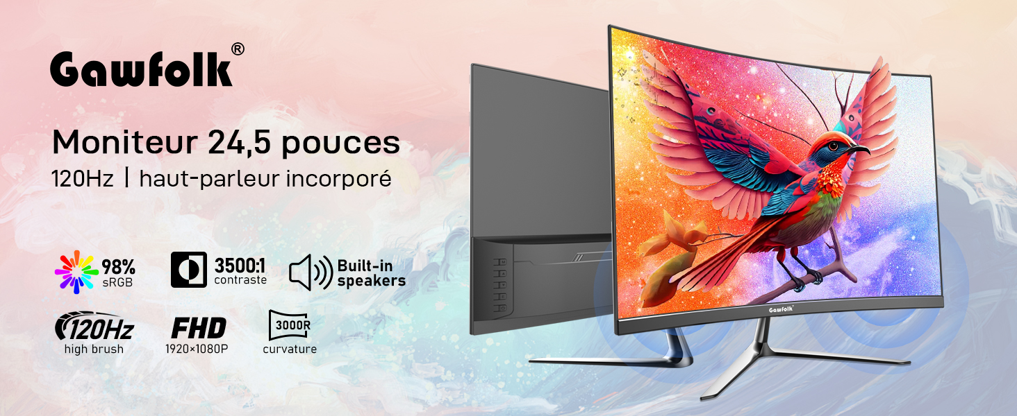 24.5 Inch Gaming Curved Monitor Built-in Speakers, 3000R 120Hz PC Screen Full HD 1080P