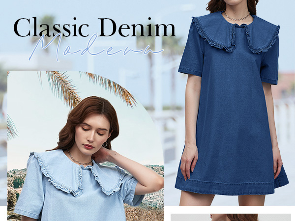 Kedera Womens Peter Pan Collar Denim Babydoll Dress Short