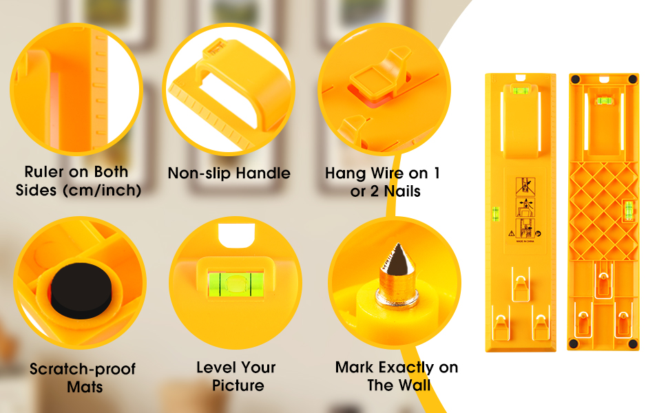 rulers (cm/ inch), non-slip handle, nails, mats, vertical and horizontal levels