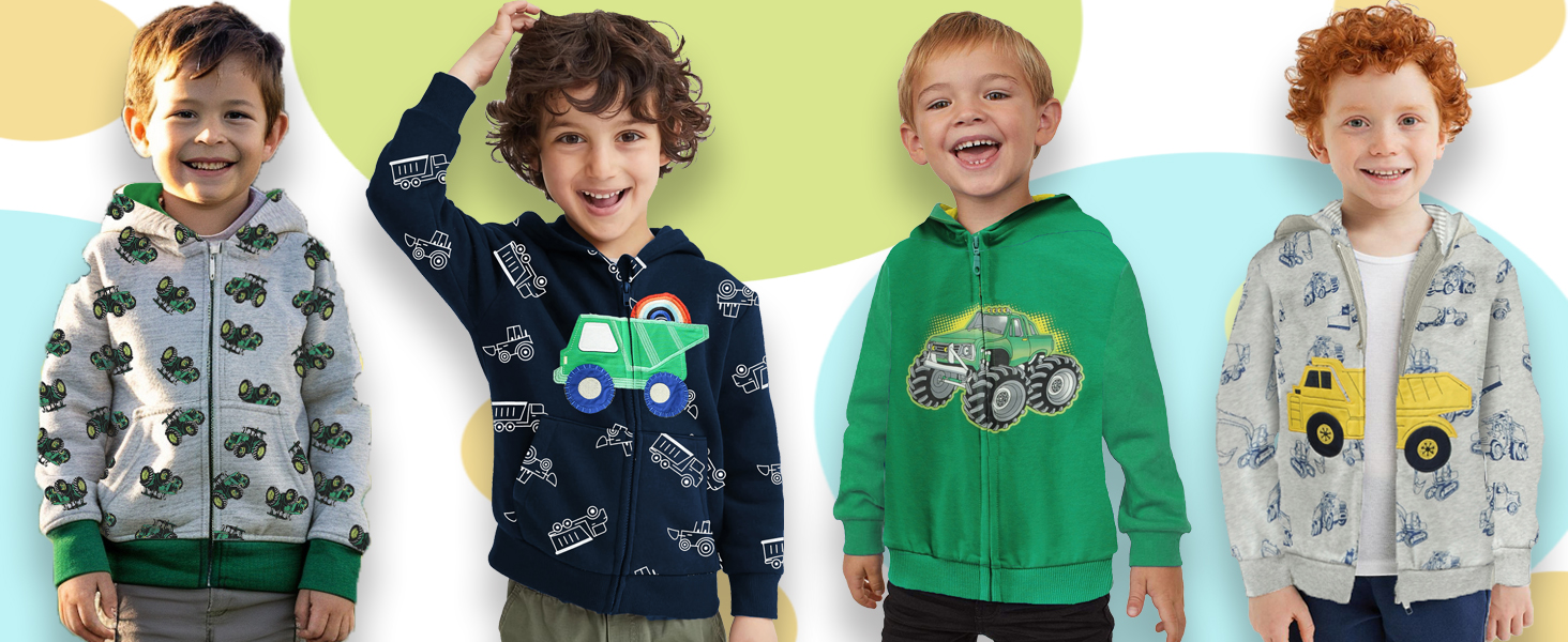 Kollektion von Kapuzen-Sweatshirts für Kinder mit Reißverschluss in verschiedenen Fahrzeugdesigns, darunter Lastwagen und Traktoren in den Farben Grau, Marineblau, Grün und