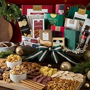 Holiday foods inside a wooden gift basket