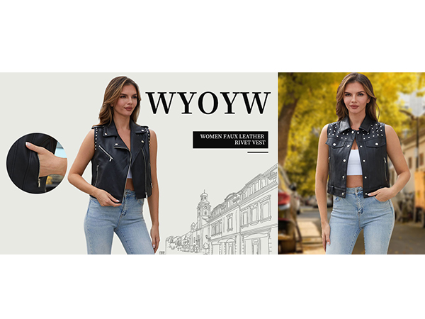 WYOYW Women Faux Leather Vest Rivet Moto Biker Vest Pu