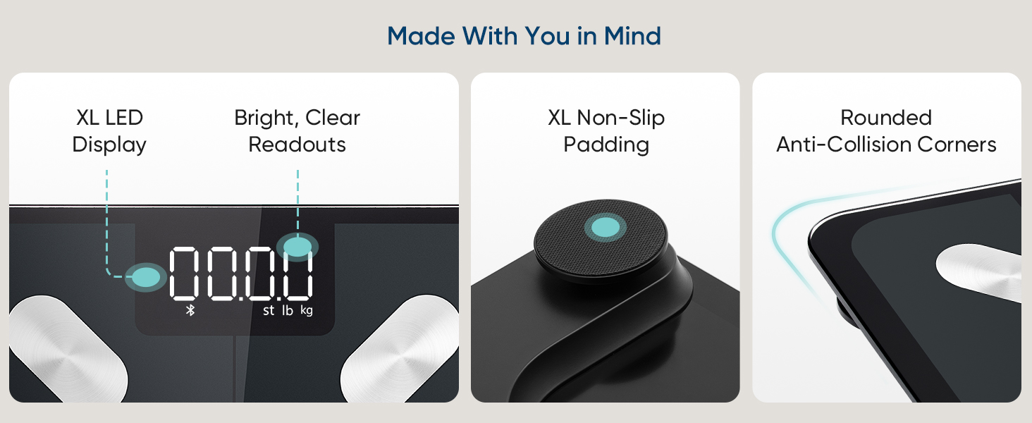 XL LED display, bright clear readouts, XL non-slip padding and rounded anti-collision corners