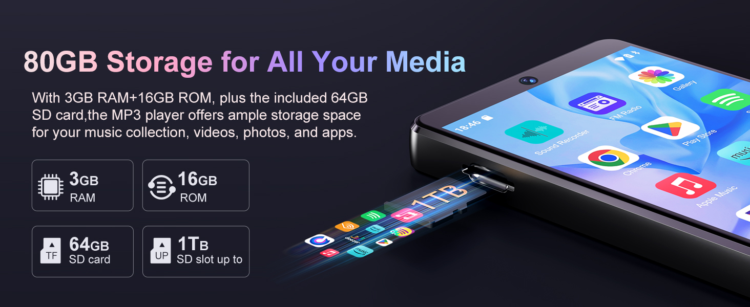 Fanvace 80GB MP3 Player with Bluetooth and Camera, Android