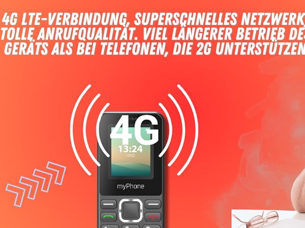 Werbung, die einfache Mobiltelefone mit 4G-Netzwerkfähigkeit zeigt und deutschen Text über schnelle Konnektivität und längere Akkulaufzeit enthält.