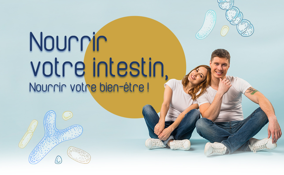 Texte français « Nourrir votre intestin » avec des illustrations de bactéries, suggérant une publicité pour la santé intestinale ou un produit probiotique