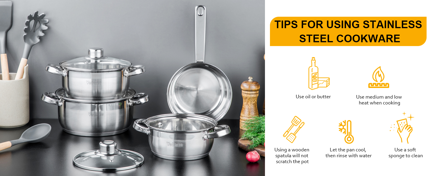 Stainless steel cookware set with pots, pans, and utensils. Infographic shows tips for using stainless steel cookware.