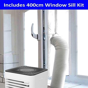 Portable air conditioner with exhaust hose mounted on the window. Text indicates 400 cm sill kit included.
