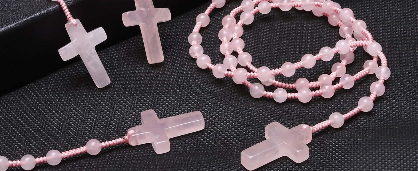 Carved Crystal Stone Rosary Beads Cross Pendant Necklace