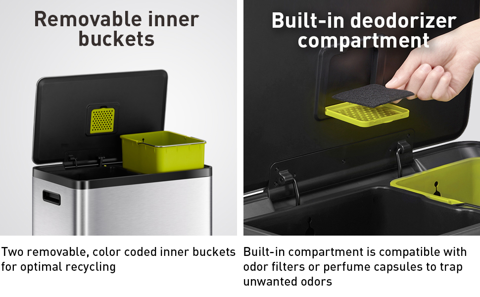 EKO EcoCasa II 36L+24L Dual Trash Can with Recycle Bin, Stainless Steel Garbage Can