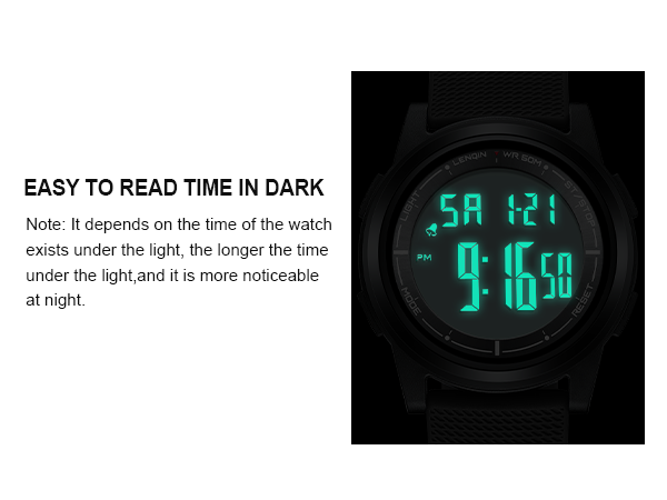 Digital clock display showing green illuminated numbers on black background. Text above explains easy readability in dark conditions.