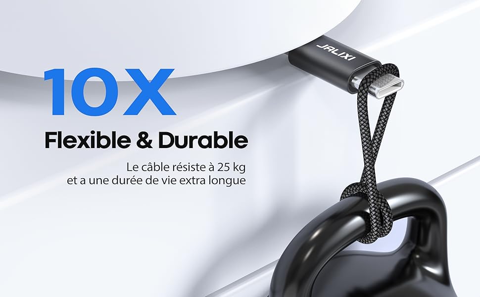 Gros plan d'un câble tressé noir avec des connecteurs métalliques. Le texte met en évidence sa flexibilité et sa durabilité, évaluées pour une force de 25 kg