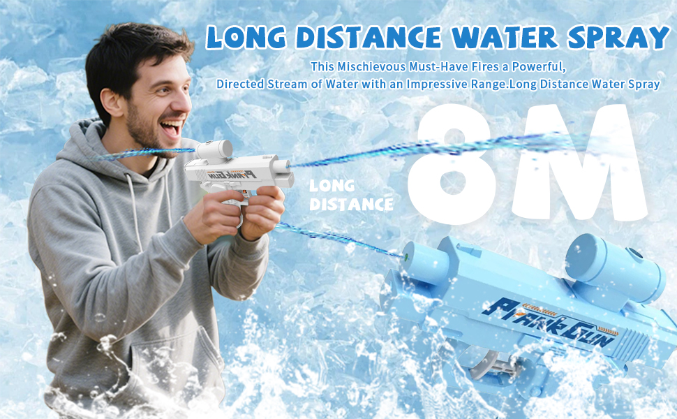 Le texte indique « PULVÉRISATION D'EAU À LONGUE DISTANCE ». Composite marketing montrant une démonstration de dispositif de pulvérisation d'eau sur le thème de l'hiver sur fond bleu.