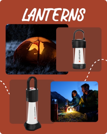 Portable camping lanterns showcased in use. Three product images display lanterns with handles, cylindrical bodies, and bright LED lights, ideal for outdoor nighttime activities.