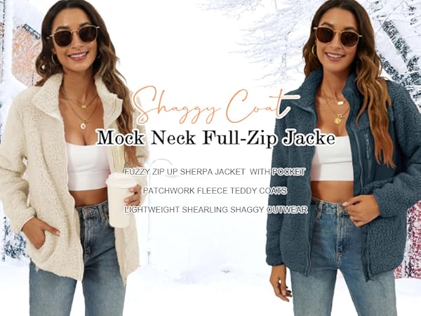 VVK Women's Fashion Faux Shearling Shaggy Full Zip Coats