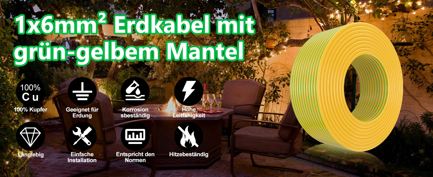 1x6 mm grün-gelbes Elektrokabel, aufgewickelt auf Holzoberfläche. Symbole kennzeichnen Produktmerkmale wie Flexibilität, Haltbarkeit