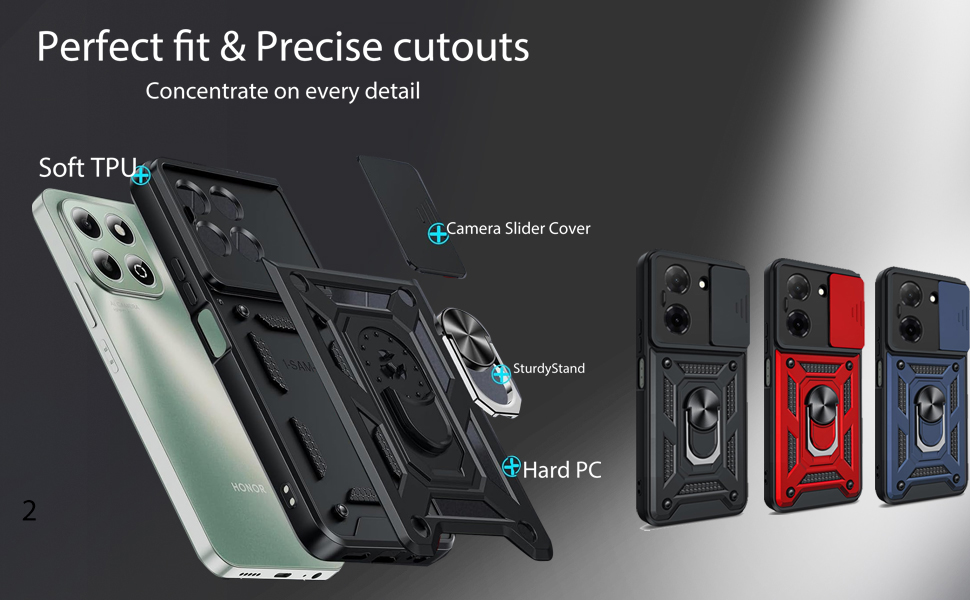 Text reads 'Perfect fit & Precise cutouts'. Product showcase of phone cases in black, red and blue colors with multiple layers showing soft TPU and hard PC components.