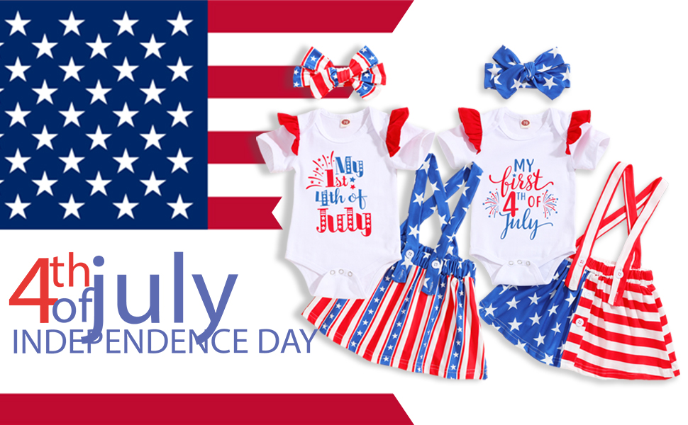 My 1st 4th of July Outfit Baby Girl Short Sleeve Romper Suspender Skirts with Headband