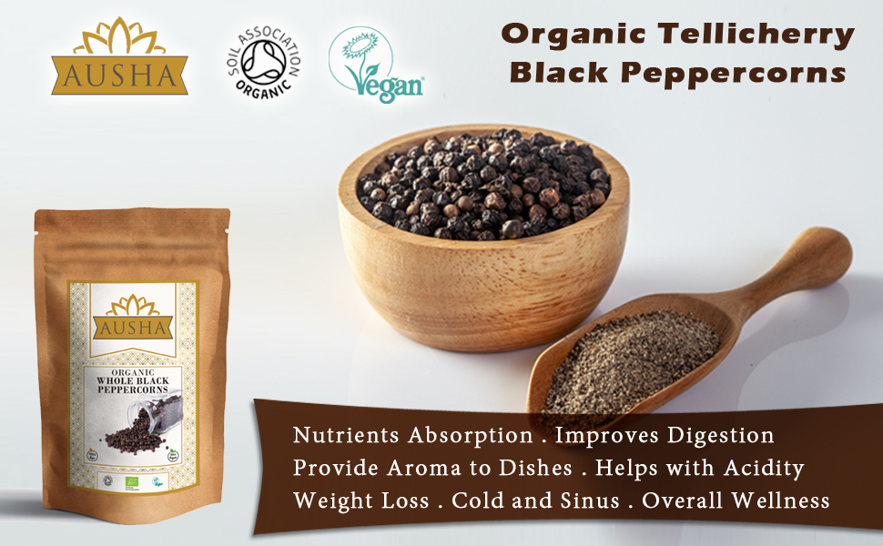 Ausha Organic Tellicherry and Malabar Black Peppercorns 200g 2** Star