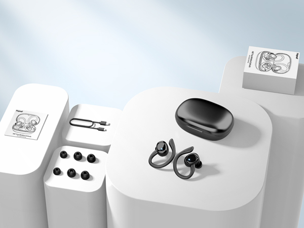 Wireless earbuds with ear hooks displayed on white podiums. Black charging case, earbuds, and various ear tip sizes shown. Product packaging visible in background.