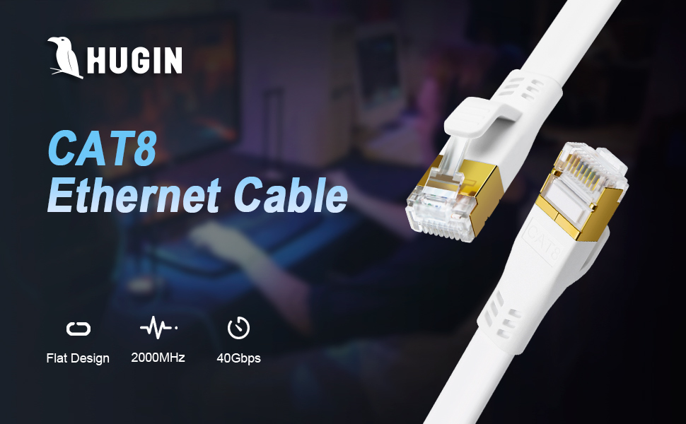 Cable CAT 8 6.6FT, HUGIN GamingGrade CAT8 Network Cable 40Gbps 2000Mhz