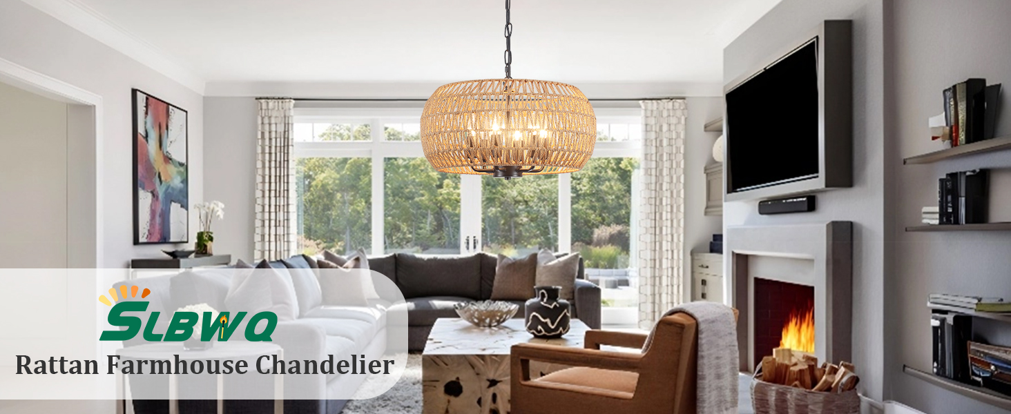 SLBWQ Rattan Chandelier, 6 Light Boho Chandelier for Dining Room, 18.9