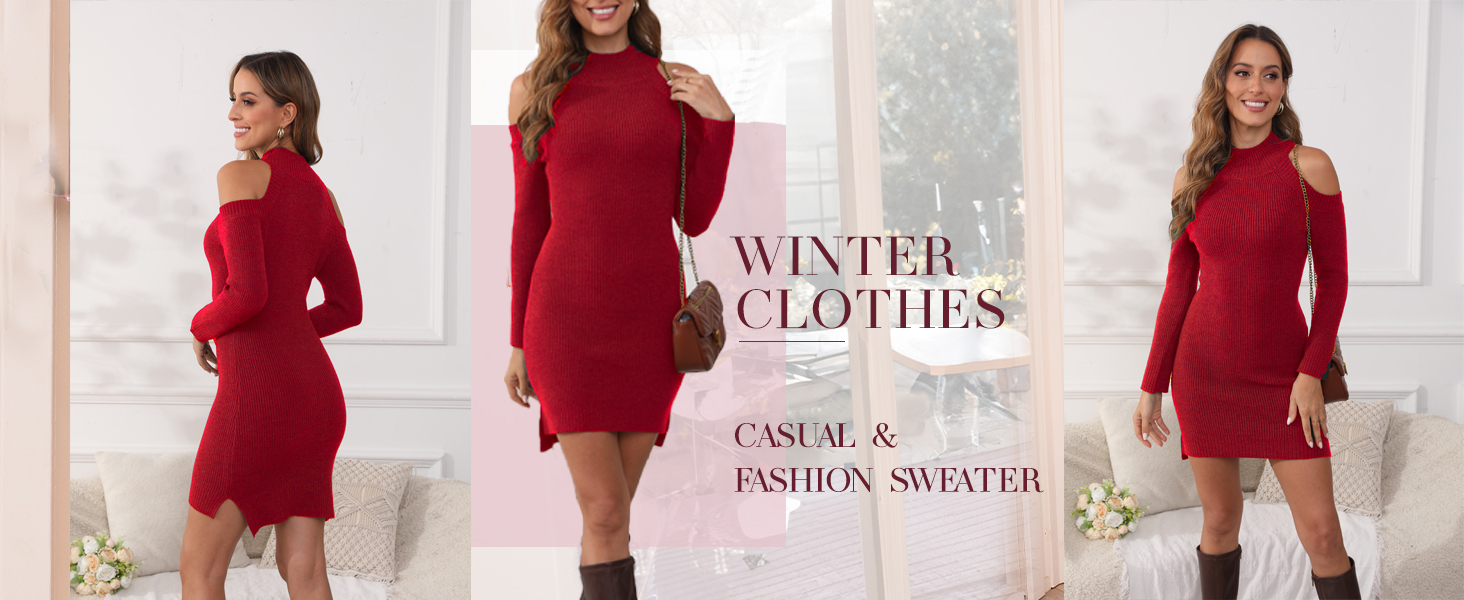 Casual Pullover Sweaters Dresses Elegant  Cold-Shoulder Long Sleeve Plain Knit Sweaters Mini Dress