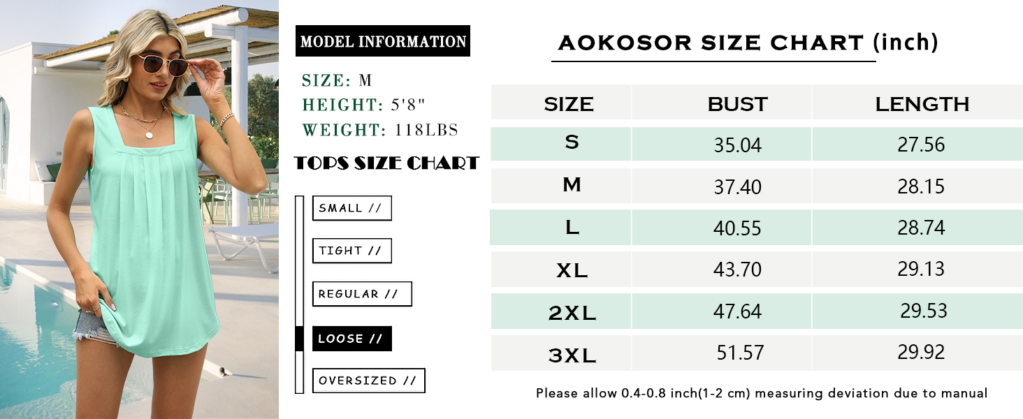size chart for Aokosor womens tank tops
