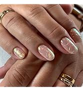 24 Pcs Almond Press on Nails Medium Length French Fake Nails with Aurora Designs Glue on Nails Fu...