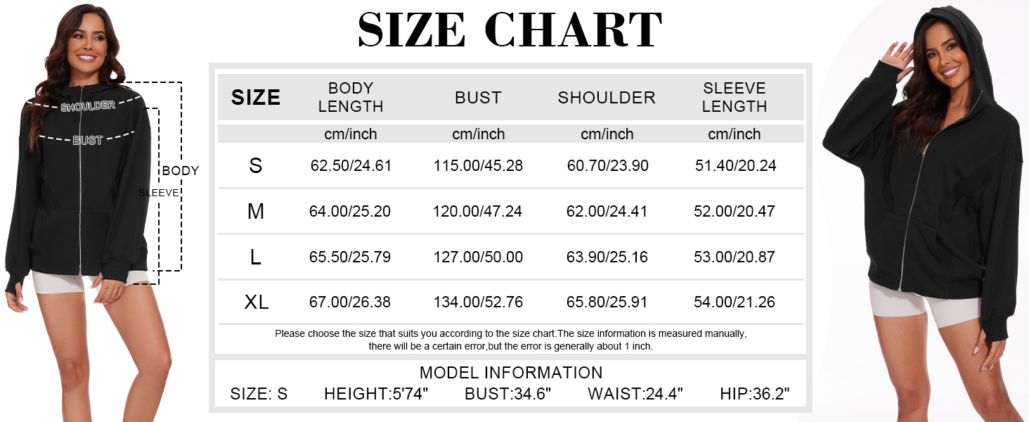 zip up hoodie size chart
