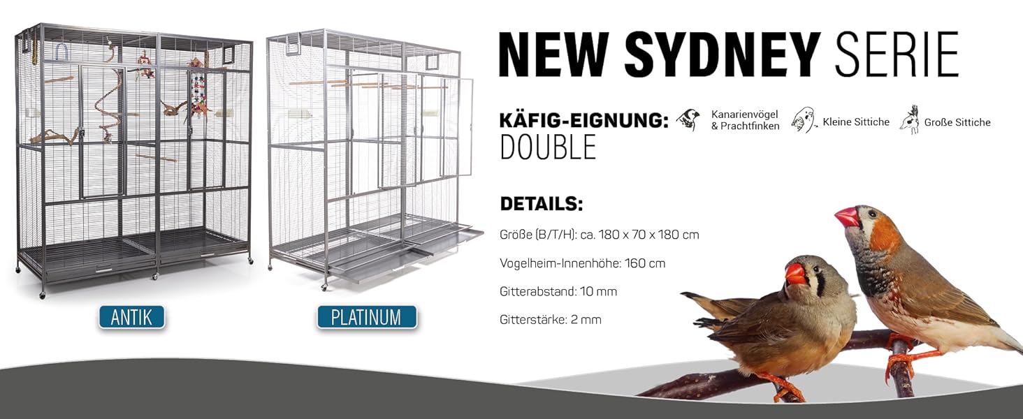 Produktbild für den Vogelkäfig „New Sydney Series“ zeigt zusammengebaute und unmontierte Ansichten mit technischen Daten und