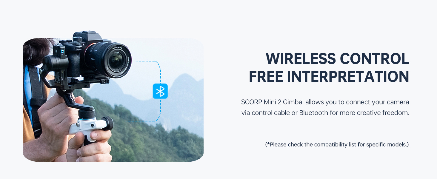 SCORP Mini 2 Gimbal allows you to connect your camera via control cable  or Bluetooth
