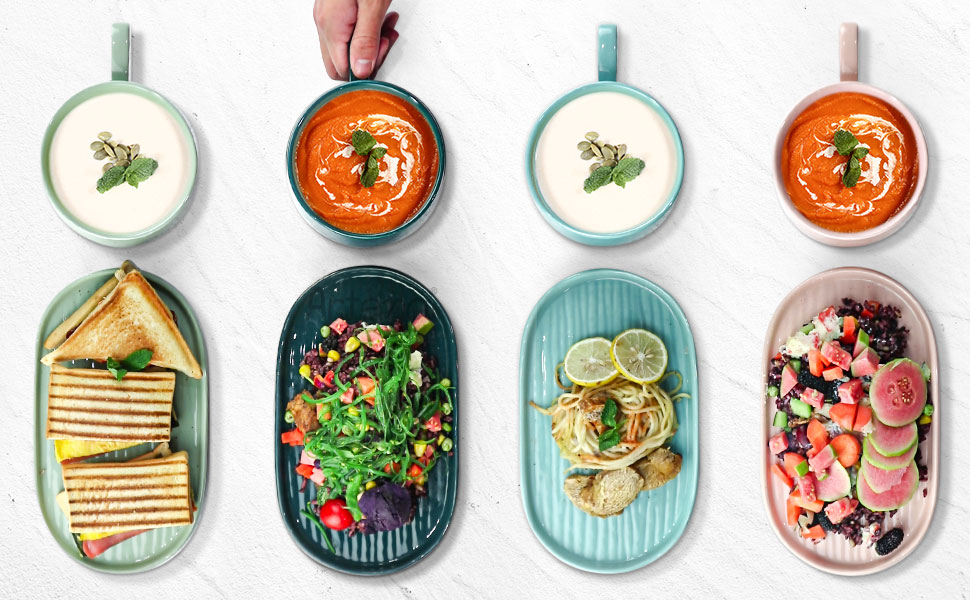 Artena Solid Soup and Sandwich Plate Combo, 16 oz Soup Bowls/Mugs/Cups