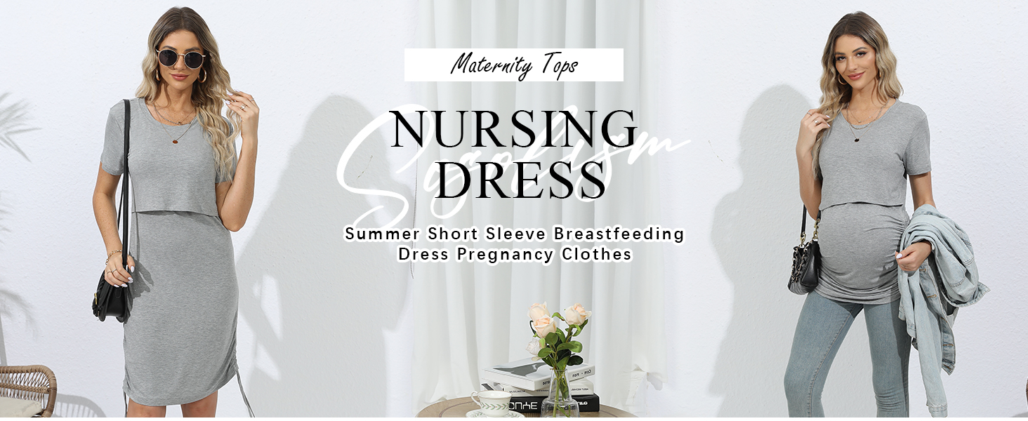 Sosolism 4 in 1 Women's Maternity Nursing Dress for Breastfeeding Short Sleeve Side Drawstring Top