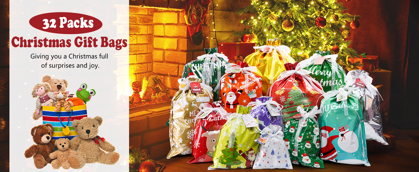 Collection of colorful gift bags arranged near a decorated Christmas tree with warm lighting and festive packaging.
