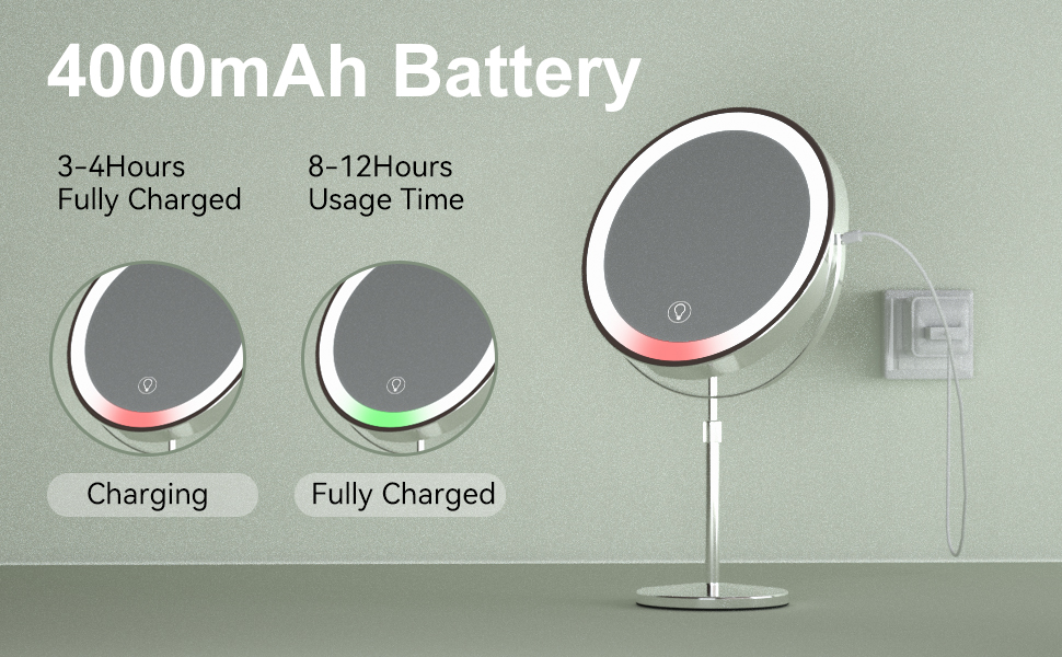 GLOAMFIORD 9Inch Large Lighted Makeup Mirror, 4000mAh, 1x